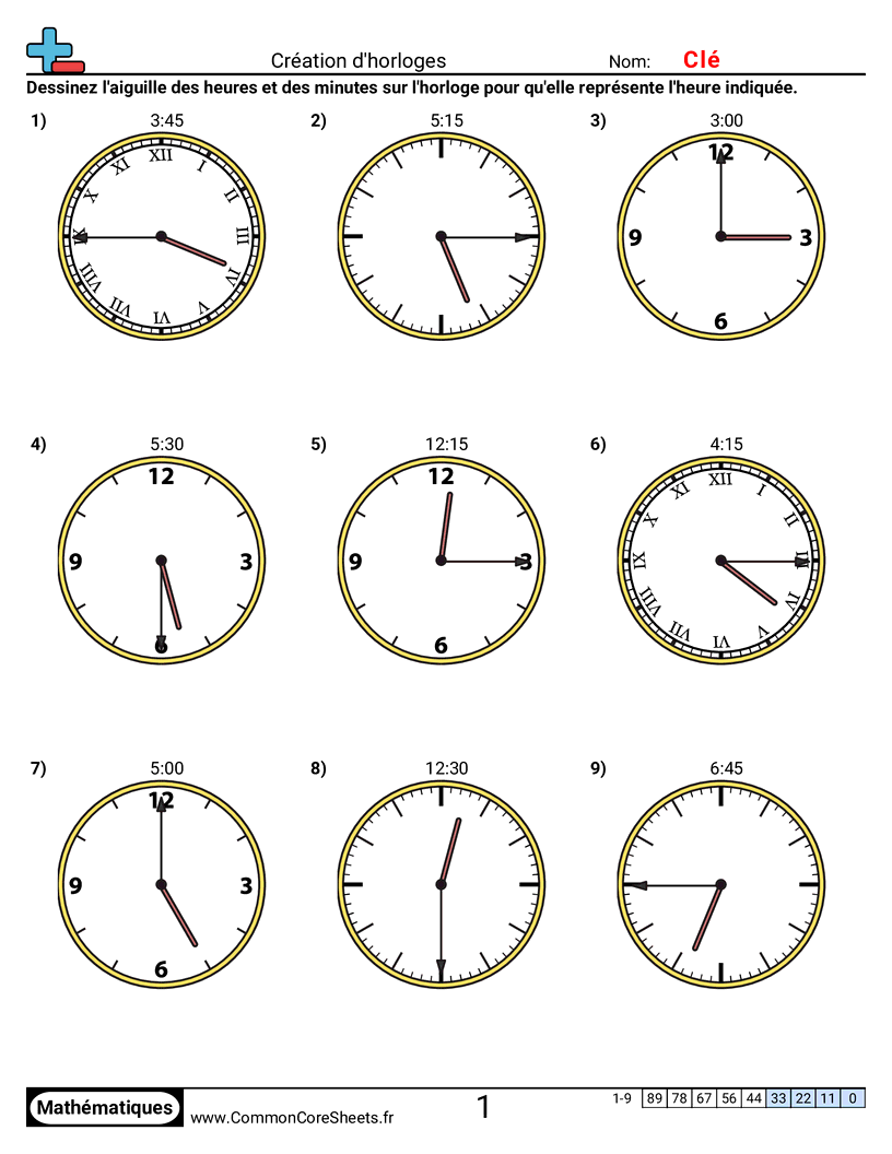 Fiches d'Exercices sur la Mesure du Temps - Créer des horloges (par quarts d’heure) worksheet