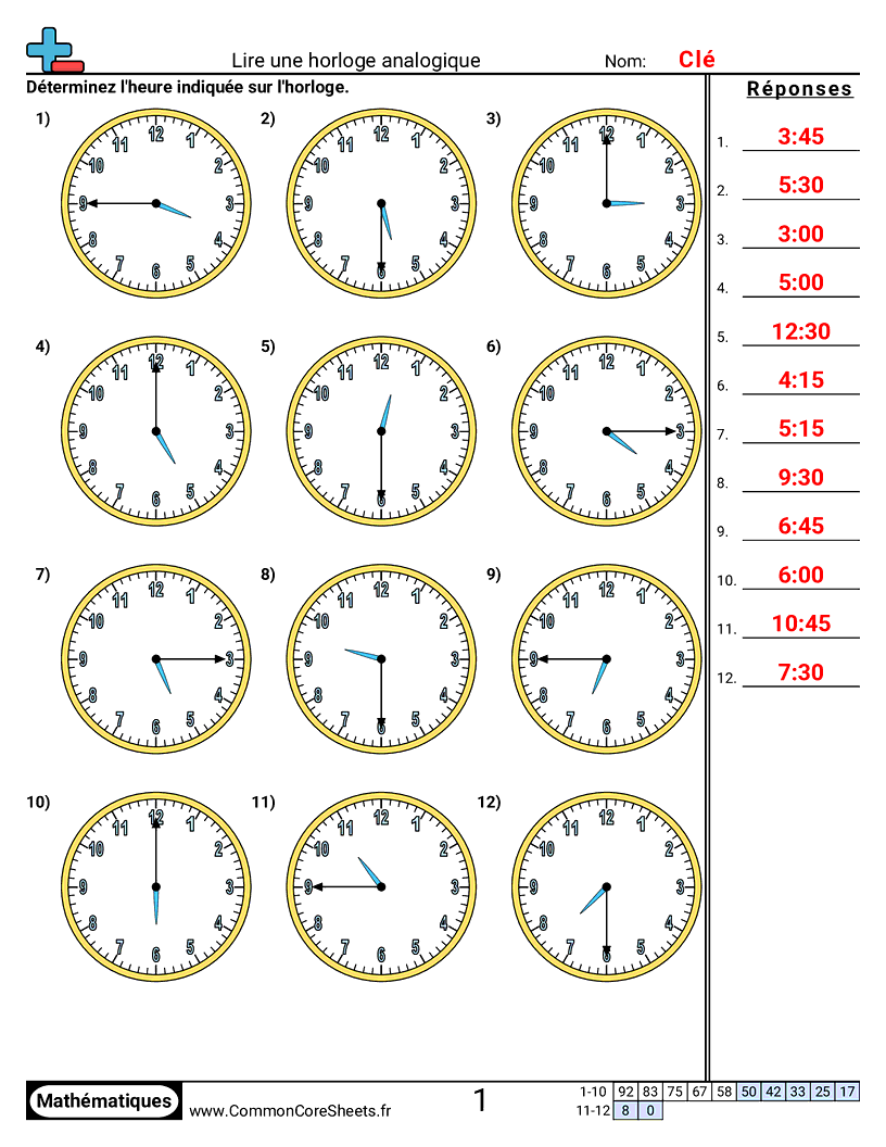 Fiches d'Exercices sur la Mesure du Temps - Lire une horloge analogique (par quarts d’heure) worksheet