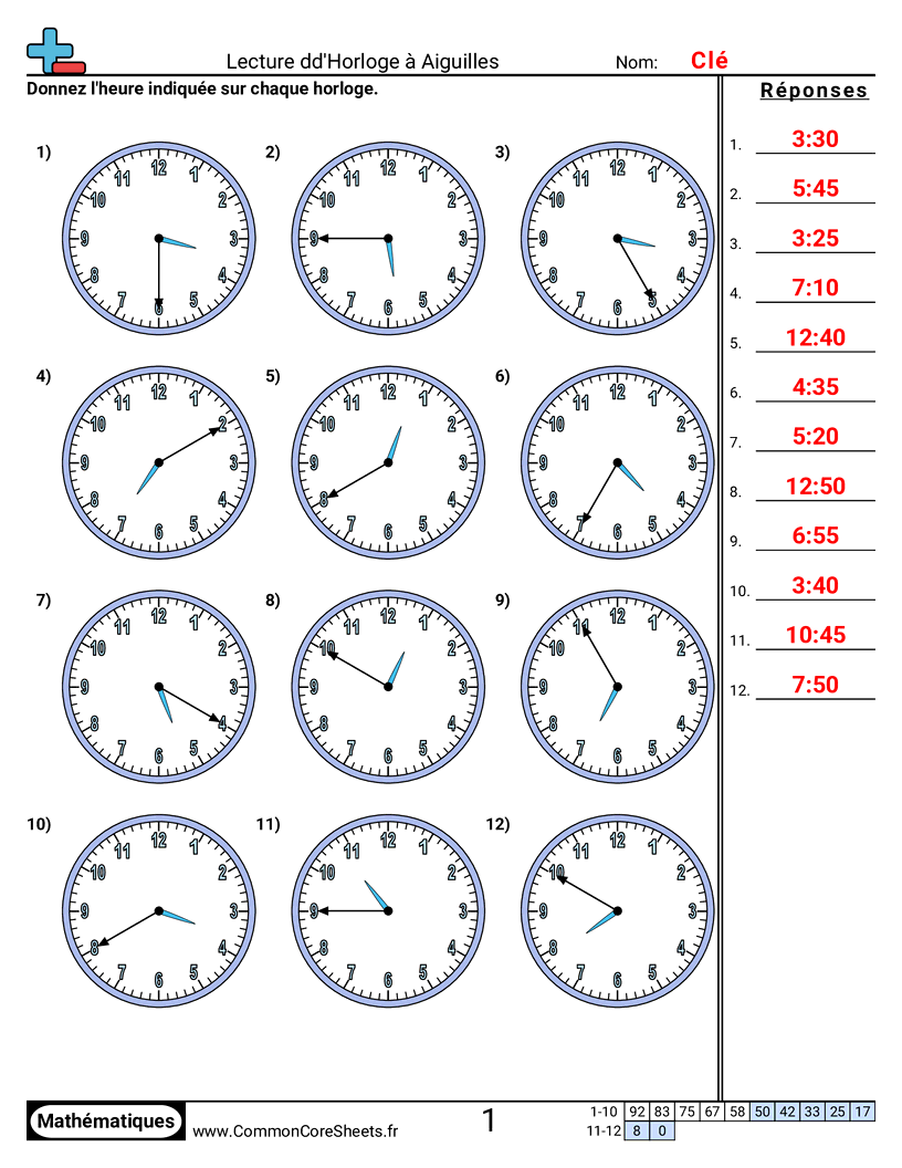 Fiches d'Exercices sur la Mesure du Temps - Lire une horloge (par tranches de 5 minutes) worksheet