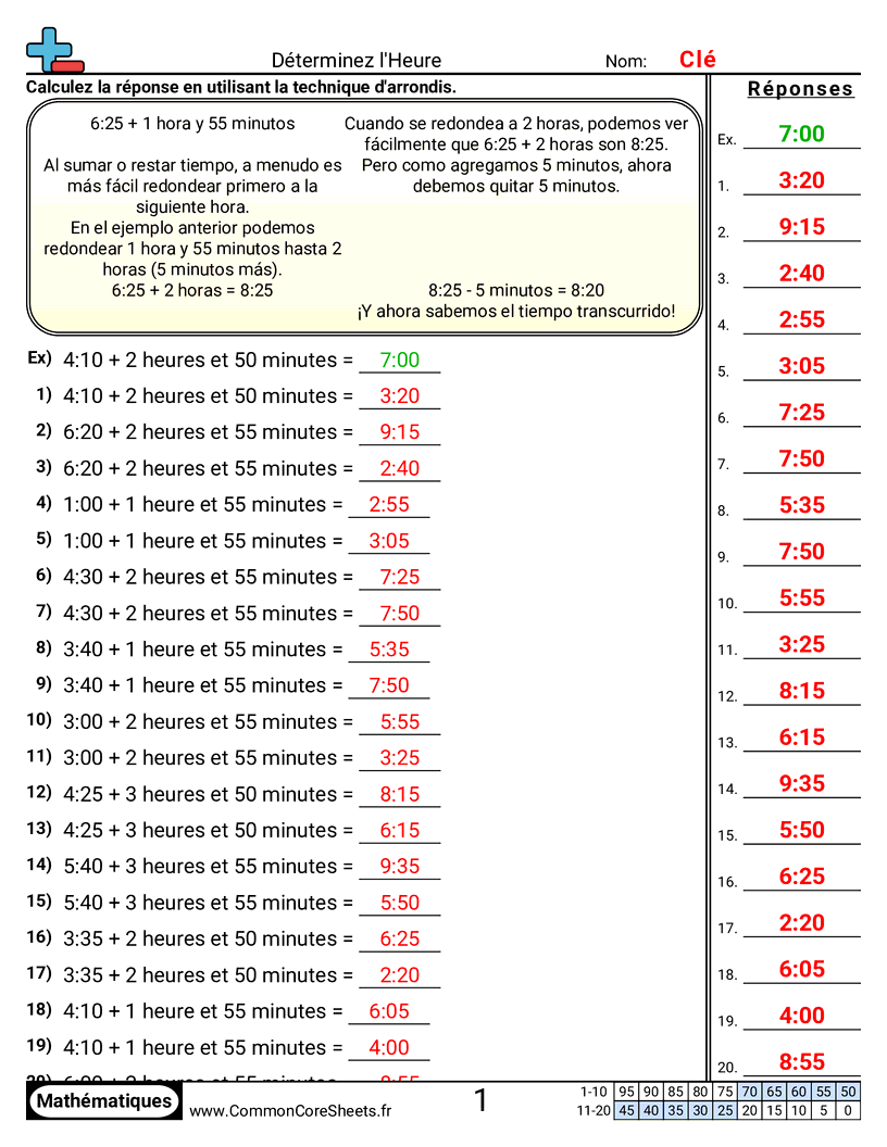 Fiches d'Exercices sur la Mesure du Temps - Déterminer l’heure (avec arrondi) worksheet