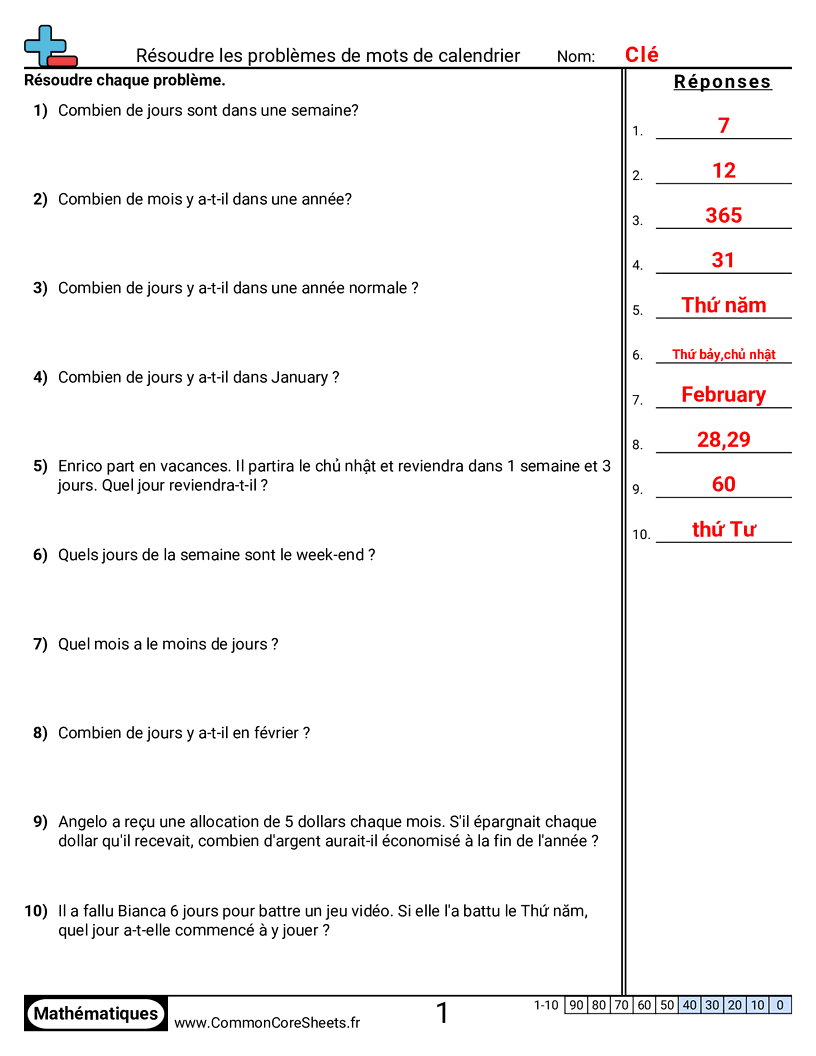Fiches d'Exercices sur la Mesure du Temps - Résoudre des problèmes de calendrier worksheet