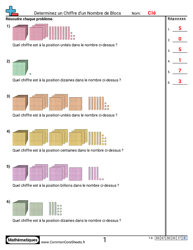 Fiches d'Exercices sur le placement de virgule d'un nombre décimal - Déterminer la valeur de position avec des blocs worksheet