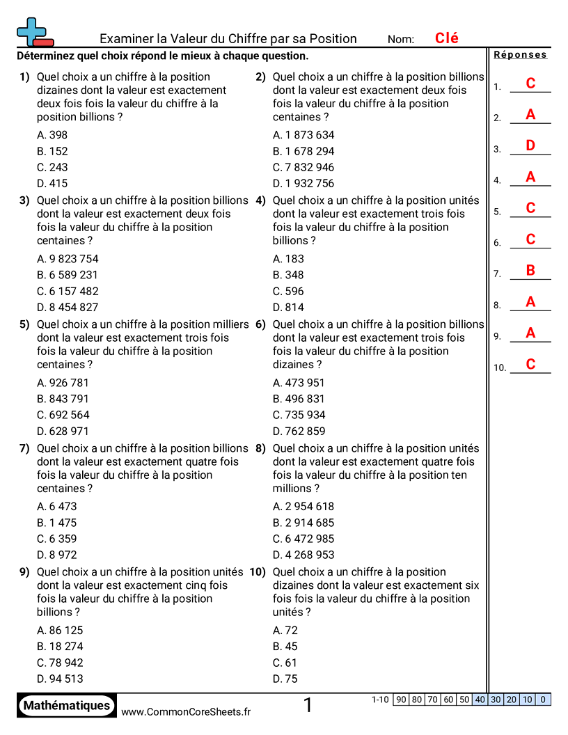 Fiches d'Exercices sur le placement de virgule d'un nombre décimal - Étudier la valeur de position worksheet