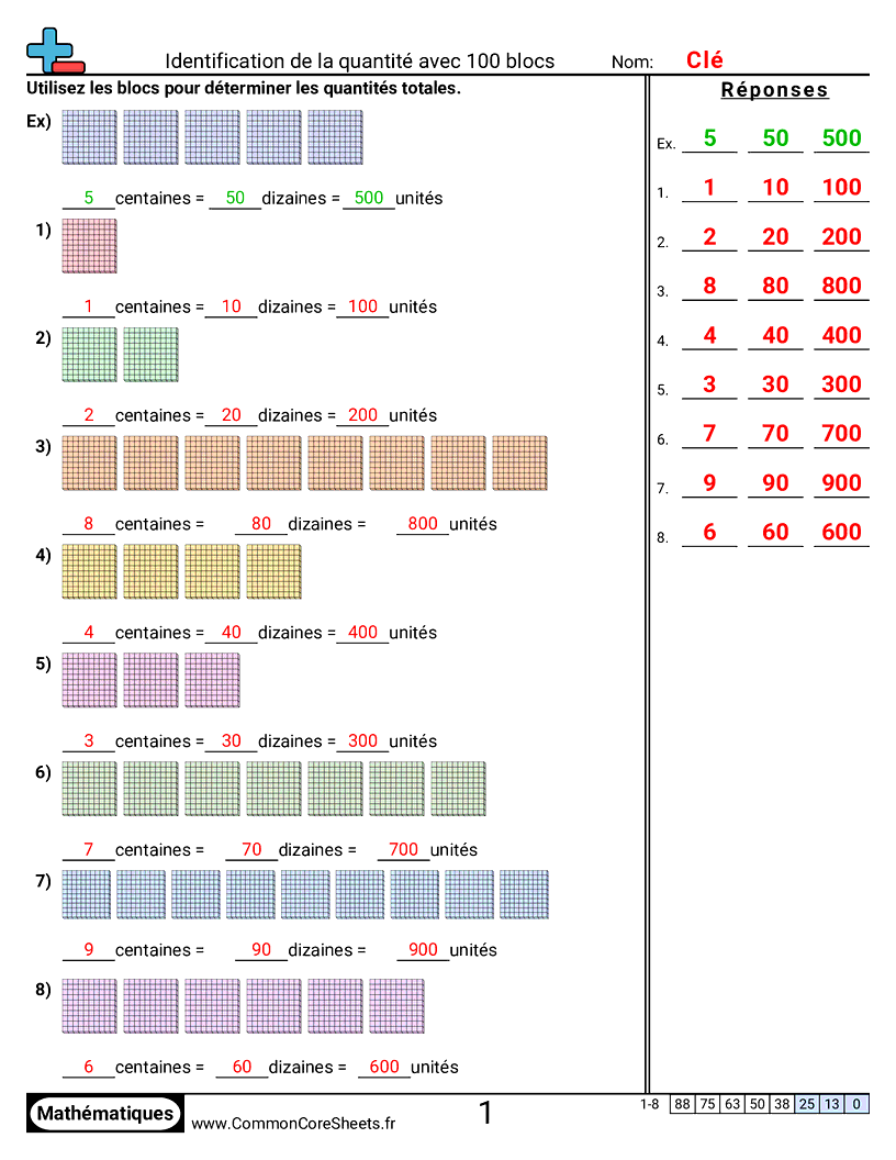 Fiches d'Exercices sur le placement de virgule d'un nombre décimal - Identifier une quantité avec des blocs de 100. worksheet