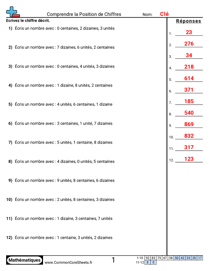 Fiches d'Exercices sur le placement de virgule d'un nombre décimal - Comprendre les positions (3 chiffres) worksheet