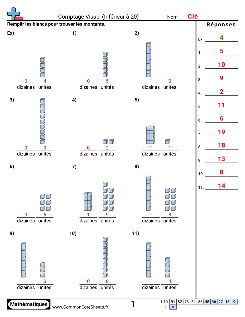 Fiches d'Exercices sur le placement de virgule d'un nombre décimal - Valeur de position visuelle (moins de 20) worksheet